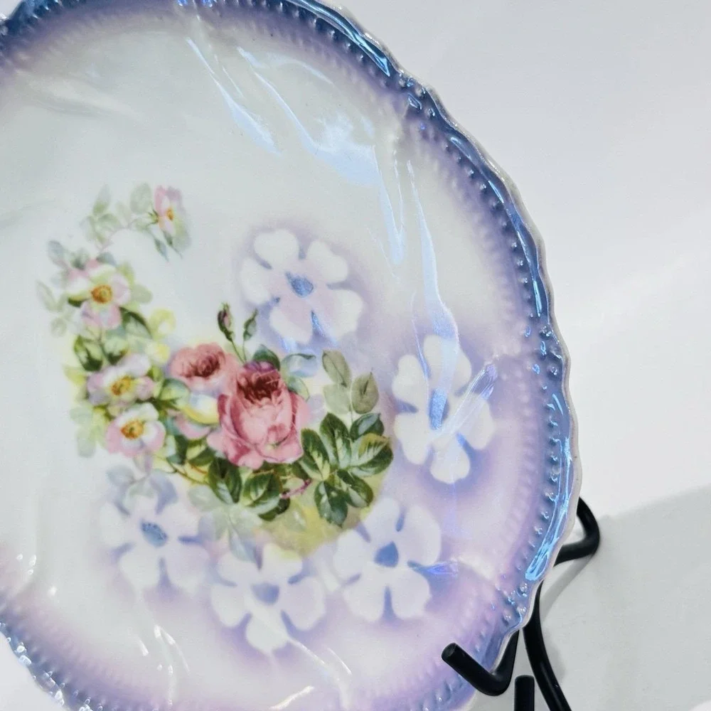 Antique Purple Floral Cabinet Plate w Iridescent Finish‎  Leuchtenburg Germany